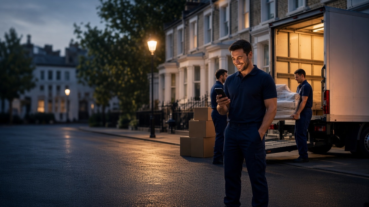 A smiling mover checking a job on his phone while a crew loads a sofa into a van