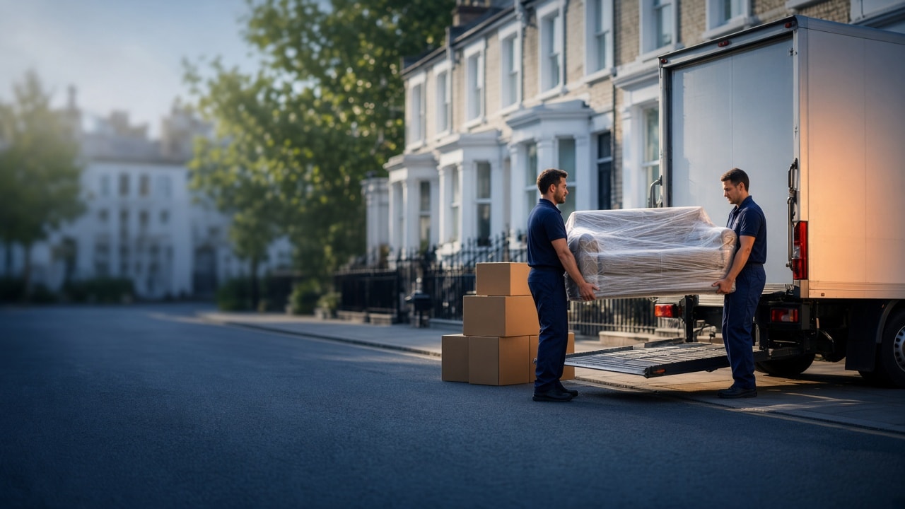 Removals crew loading a van outside a UK townhouse