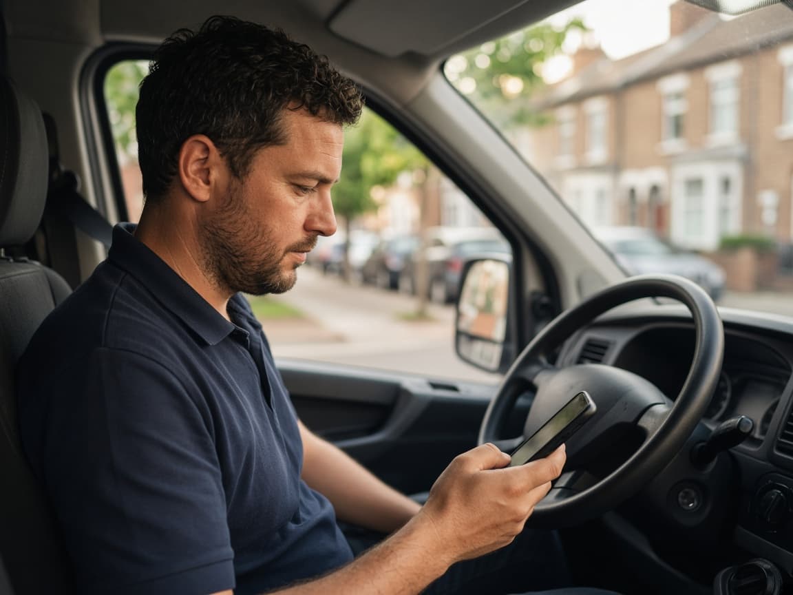 A removals driver checking a job brief on his phone in the van cab