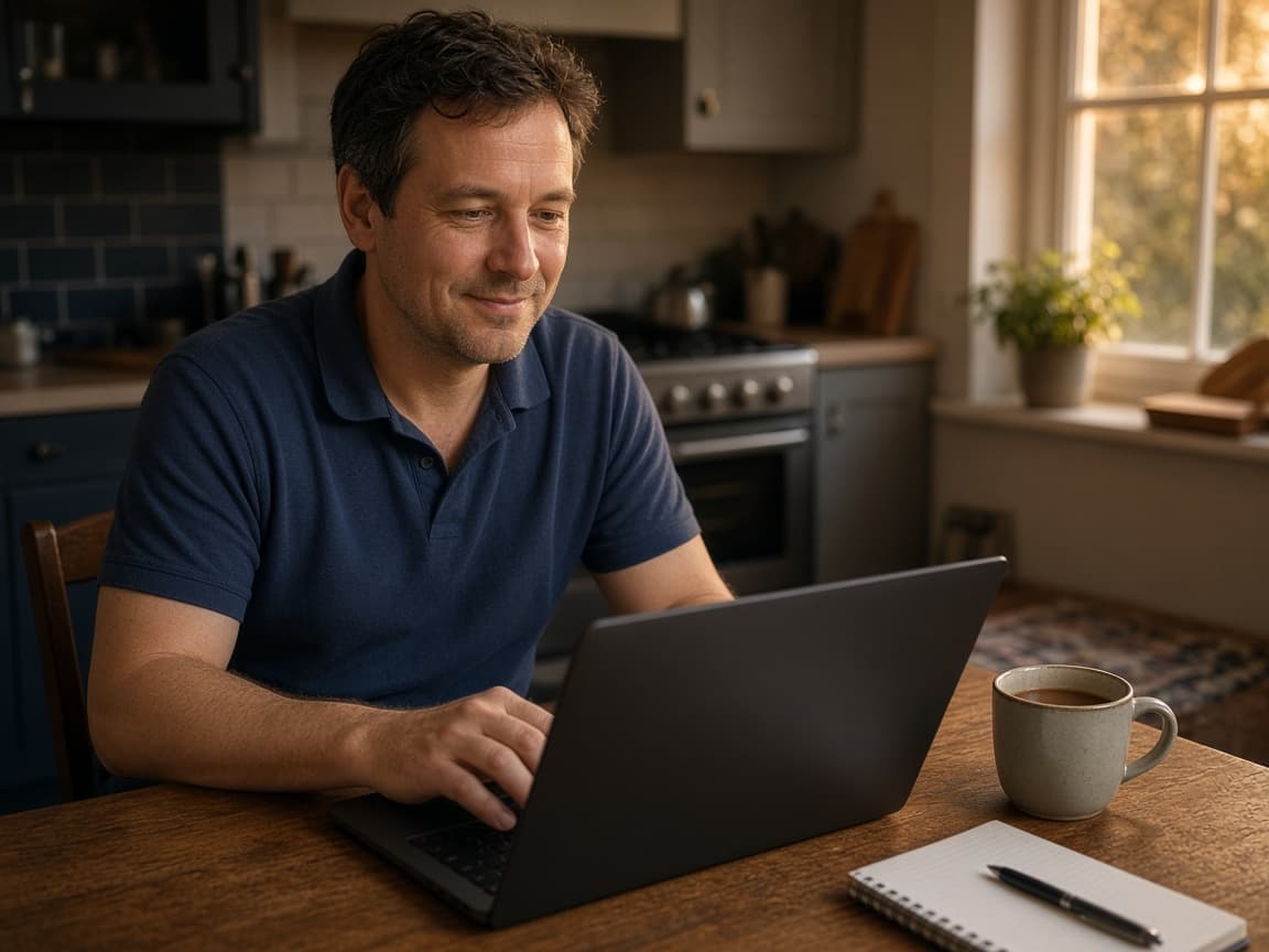 A removals business owner reviewing his earnings on a laptop