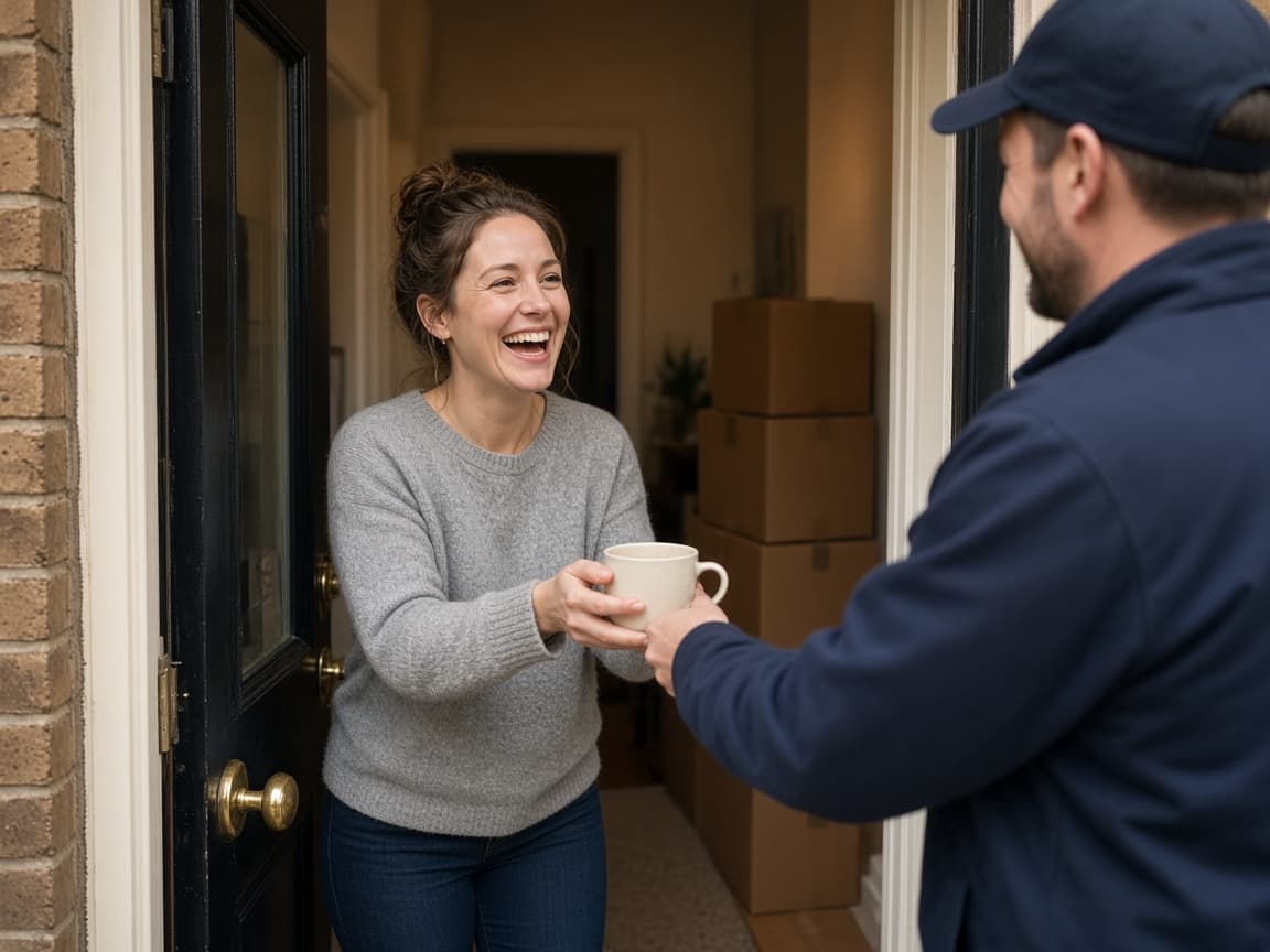 A customer handing a mug of tea to a removals crew member
