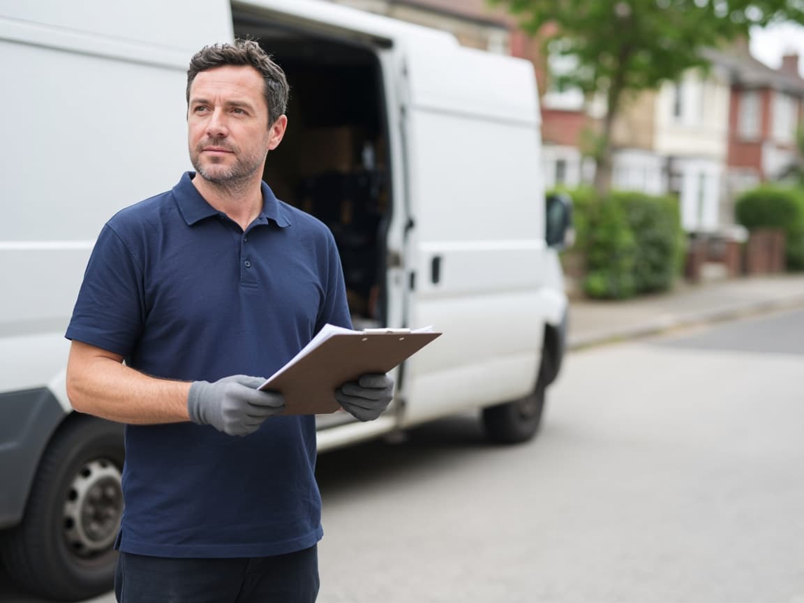 A removals worker with a clipboard beside his van