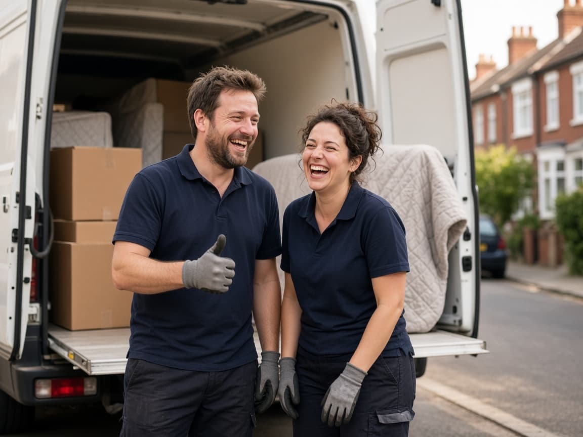 Two removals crew members laughing beside their loaded van